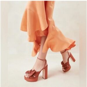 Loeffler Randall Natalia Platform Heels with Pleated Bow Terracotta Satin